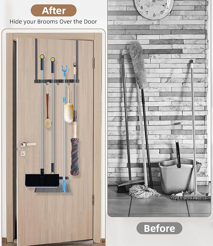 Broom Holder Over The Door-304 Stainless Steel Mop and Broom Holder Wall Mounted or Hanging Over The Door with Hooks - Broom 