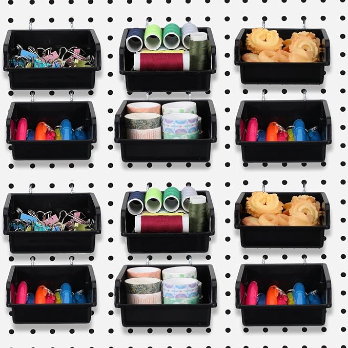 16 Pcs Black Pegboard Bins with Metal Hooks, Heavy Duty Plastic Storage Organizer, Pegboard Tools Organizer for Garage, Works