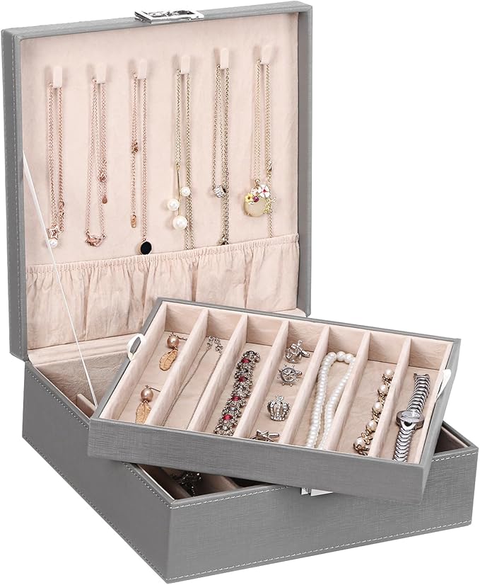 BEWISHOME Jewelry Boxes for Women, 2-Layer Necklace Organizer Box, Modern Style Jewelry Organizers and Storage with Removable