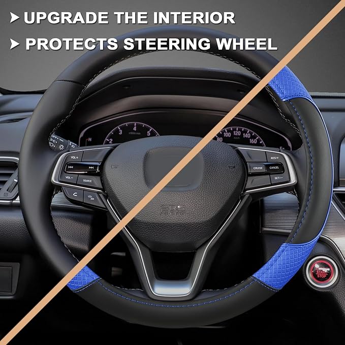 GIANT PANDA Microfiber Leather Steering Wheel Cover for Honda Accord,Civic,CR-V,HR-V,Pilot(Diamond-Pattern-Black+Blue-Standar
