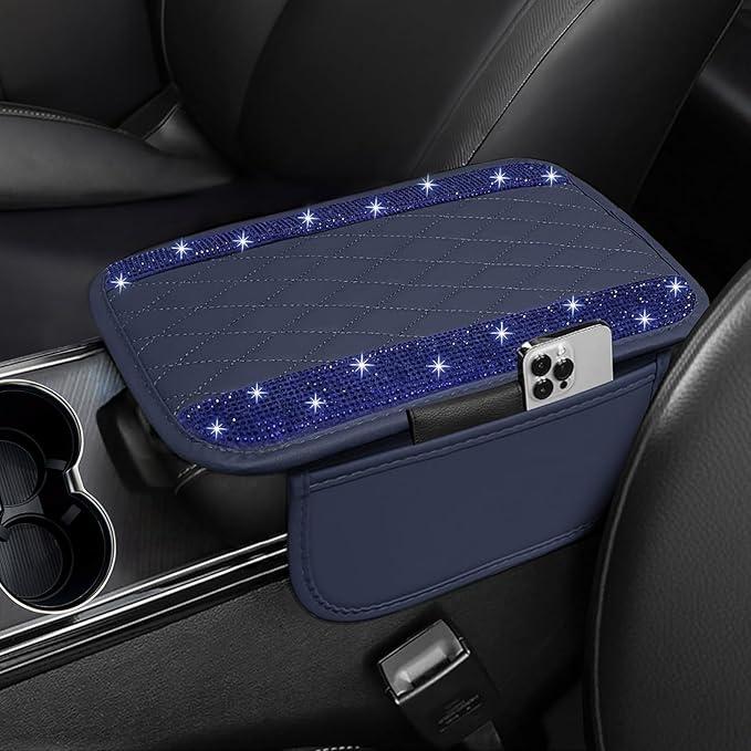 NBTEPEM Bling Blue Car Center Console Cover, Leather Car Arm Rest Cover with 2 Storage Bags, Universal Auto Armrest Protector Storage Box, Bling Accessories Interior for Most Vehicles