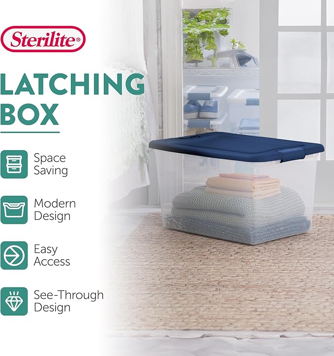Sterilite 24-Pack Color Program, Large Clear Plastic Storage Bins with Lids, 64 Quart, Blue - Stackable Organizing Container 