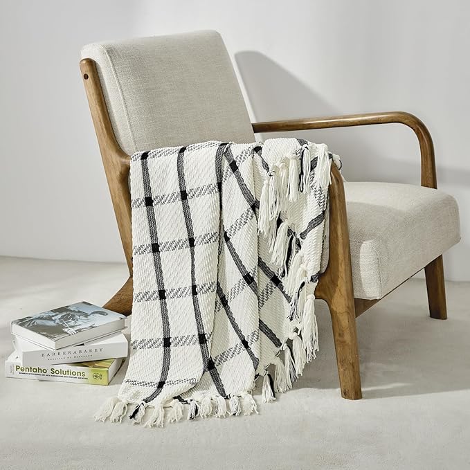 CREVENT 50"X60" Farmhouse Breathable Soft and Warm Chenille Plaid Throw Blanket for Sofa Couch Bed, Home Decoration Throw wit