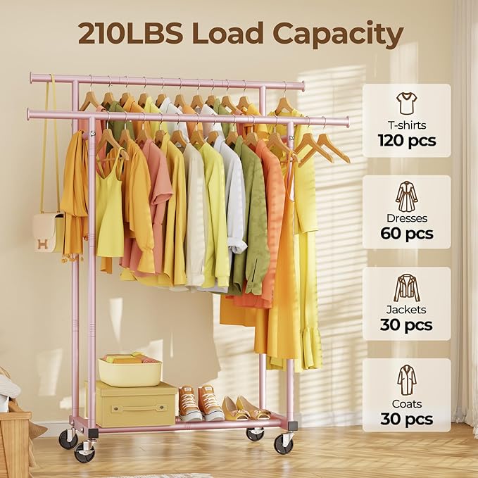 HYSEYY Double Rods Clothes Rack, Sturdy Rolling Clothing Rack, Portable Clothing Racks for Hanging Clothes - Metal Garment Ra