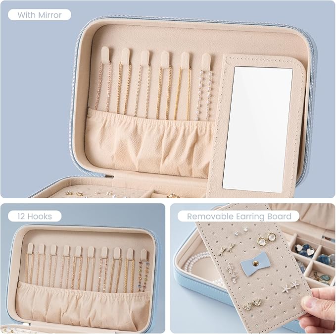 Lolalet Travel Jewelry Case for Women Girls, Travel Jewelry Organizer Box with Mirror & Clear Storage Bag, Small Portable Ear