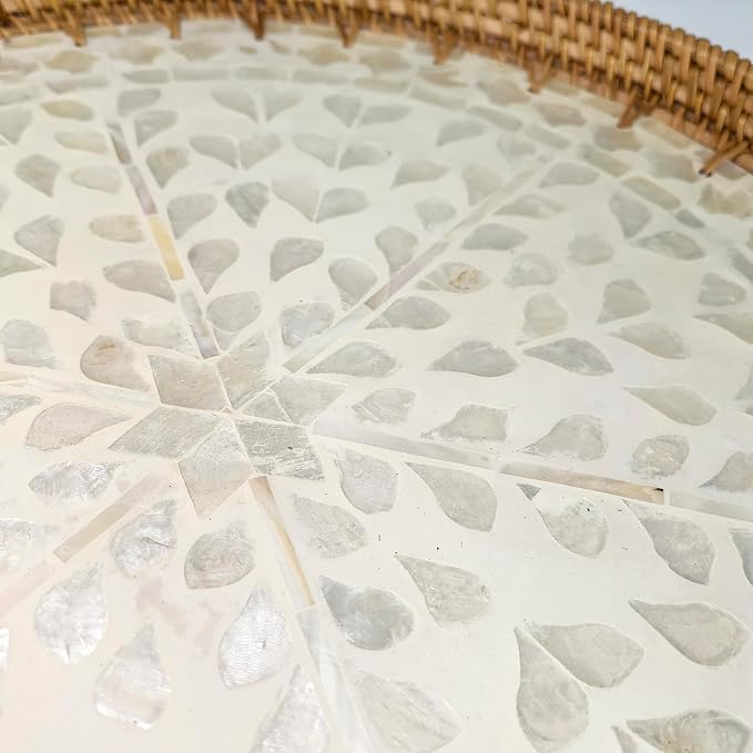 16" Large Natural Rattan & White Mother of Pearl Lazy Susan, Boho Rotating Turntable Serving Tray for Dining Table Centerpiec