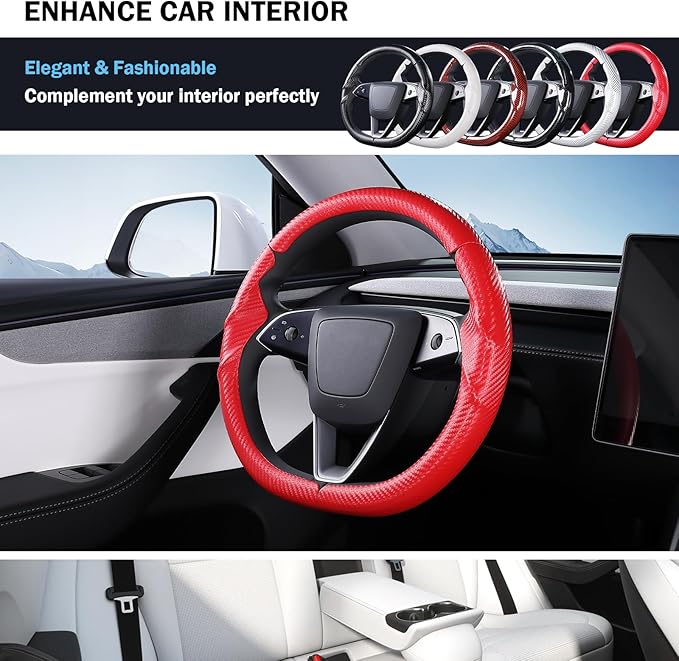 Steering Wheel Cover for Tesla Model 3 Highland(2024-Present)/ Model Y Juniper(2025-Present),Anti-Slip,Comfortable Grip,Breathable,Customized for Tesla Model 3/Y Accessories,Matte Red