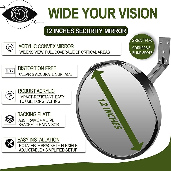 2PCS 12 Inch Security Mirror - Acrylic Convex Mirror with Adjustable Wide Angle View for Blind Spot Detection, Ideal for Gara