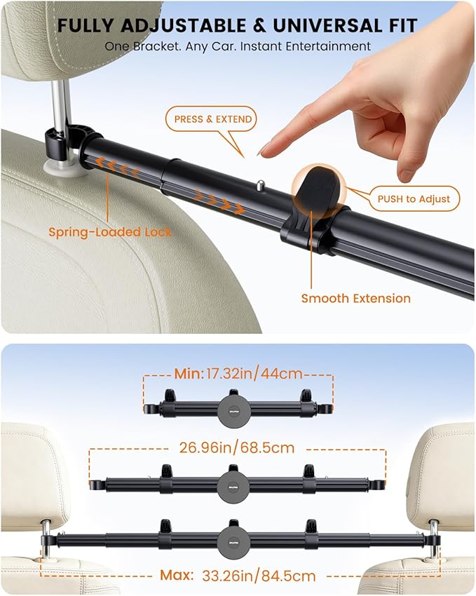 OHLPRO Car Headrest Tablet Mount Holder for Kids Road Trip Essentials - Extendable Aluminum Bar (33" Max) for Center View, 360° Rotation Magnetic Backseat Stand Fits 4.7-12.9" Tablet & Phone
