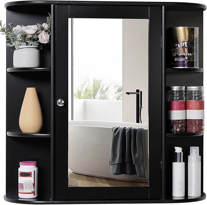 Iwell Bathroom Medicine Cabinet with Mirror, Wall Cabinet with 2 Adjustable Shelves & 6 Open Shelves, Bathroom Cabinet Wall M