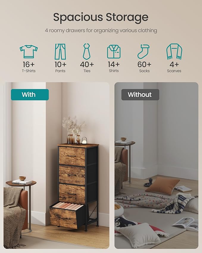 SONGMICS Dresser for Bedroom, Chest of Drawers, Steel, MDF, 4 Non-Woven Fabric Drawers, Storage Organizer Unit, Closet, Entry
