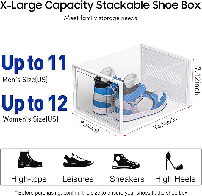 eWonLife Large Shoe Organizer Storage Box with Magnetic Door,12 Pack Clear Plastic Stackable Sneaker Containers for Closet, C