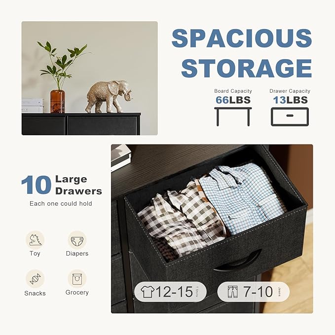 DUMOS Dresser for Bedroom, 10 Storage Drawers, Wide Fabric Closet Chests Organizer Tower Furniture with Wooden Top Metal Fram