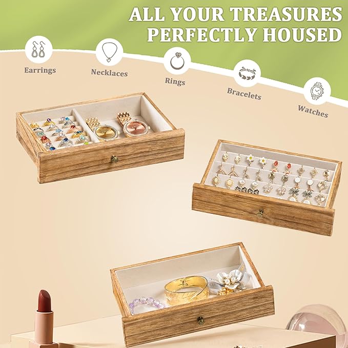 Jewelry Box Organizer, Rustic Wooden Jewelry Boxes for Women Girls, Large Storage Earring Holder Organizer Display for Earrin