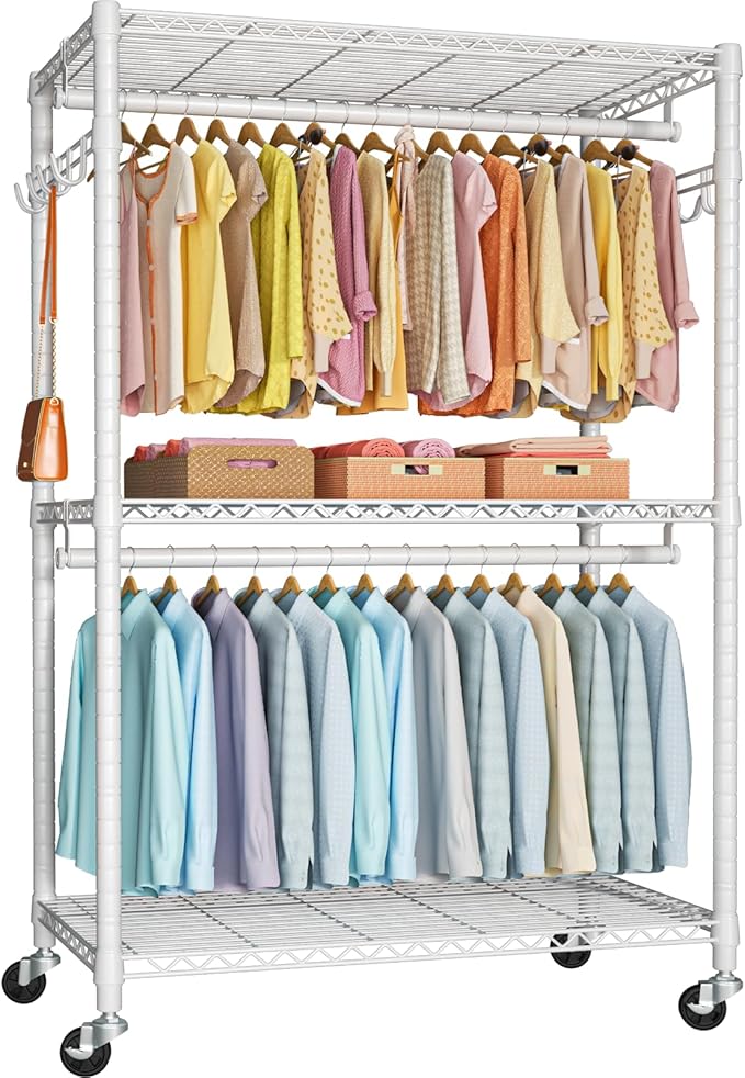 FUTASSI P1 Plus Rolling Clothes Rack, 22mm Diameter Heavy Duty Garment Rack with Wheels, Portable Closet Wardrobe with Double
