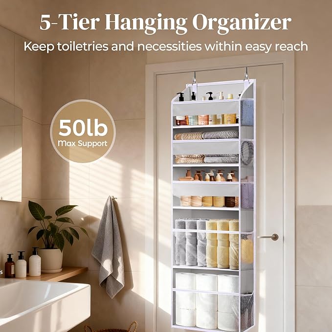 5 Tiers Over Door Organizer with 10 Mesh Side Pockets, 44 lbs Weight Capacity Hanging Storage Organizer with Clear Window Kid
