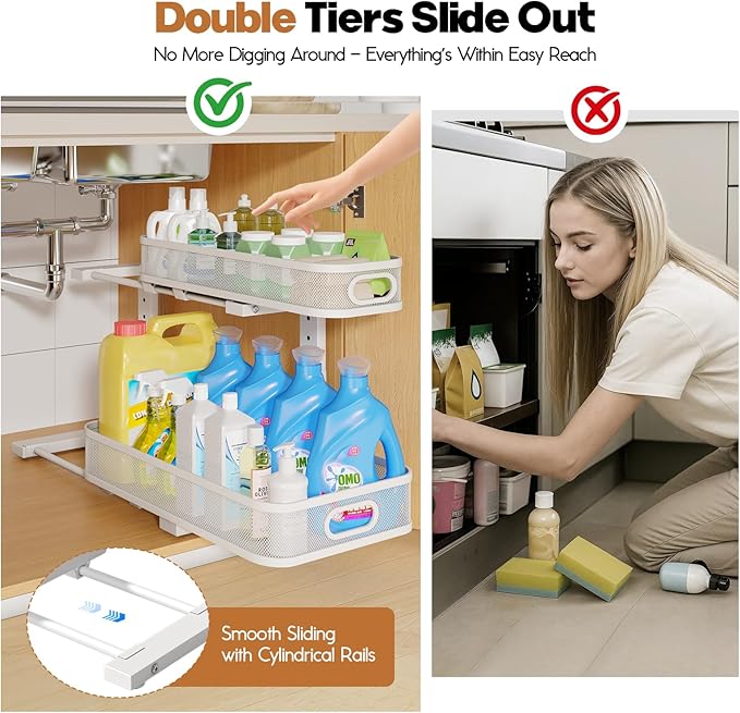 2 Pack 19.3IN-Depth Under Sink Organizer with Smooth Cylindrical Rail,2-Tier Pull Out Multi-Purpose Cabinet Storage for Bathr