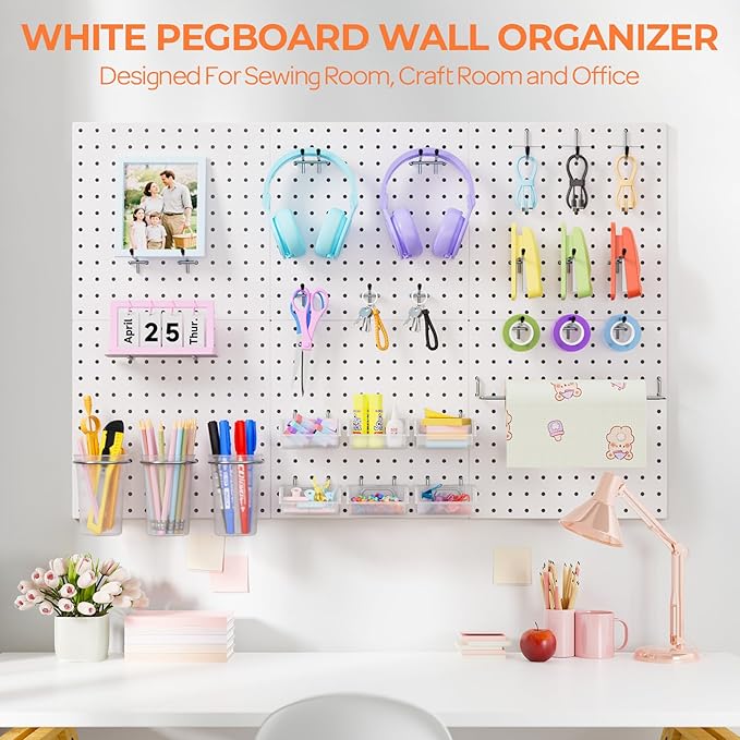 INCLY 90PCS Metal Peg Board Kit with 1/4" Pegboard Accessories, 6 Pack White Peg Board Panels, Bins, Cups and Peg Board Hooks