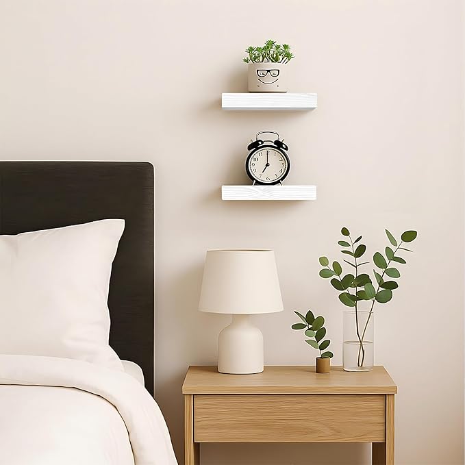 BGMG Small Wood Floating Shelves 8 inch Set of 2,White Floating Shelves for Wall,Solid Wood Wall Shelves for Bathroom Living 