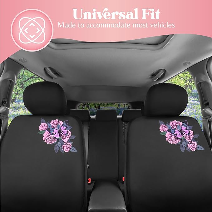 BDK Pink Butterfly & Flowers Car Seat Covers, Cute Car Accessories for Women Front Seat Covers for Car Fits Most Cars Trucks 