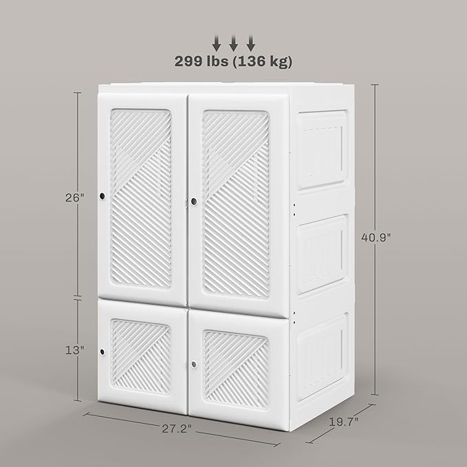 HOMCOM Portable Wardrobe Closet, Folding Clothes Storage Organizer with 3 Cube Compartments, Hanging Rod, 4 Magnet Doors, Whi