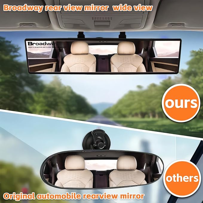 Broadway Car Rear View Mirror HD Anti Glare Universal 12 Inch large Field of View Panoramic Rearview Mirror with Wide Angle Blue Tint for Car SUV and Truck12 Inch White