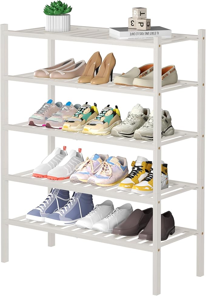 ROMGUAR CRAFT 5 Tier Bamboo Shoe Rack for Closet Free Standing Wood Shoe Shelf for Entryway Small Space Stackable 27"x11"x33"