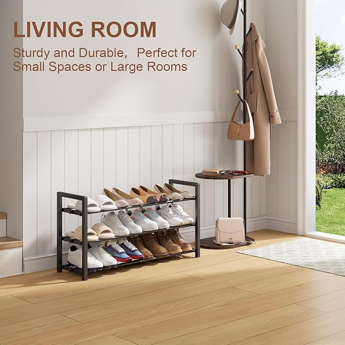 3-Tier Expandable Shoe Rack, Adjustable Shoe Shelf Storage Organizer Heavy Duty Metal Free Standing Shoe Rack for Entryway Cl