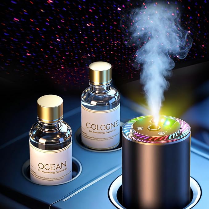 Smart Car Air Freshener with Star Light & 100ml Diffusers Oil Refills, Auto On/Off Aroma Diffuser, 3 Adjustable Mist Modes Re