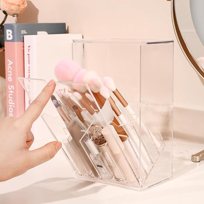 Acrylic Makeup Brush Holder with Slanted Flip-Top Lid - Clear Dustproof Cosmetic Make up Brush Organizer and Storage Box - La