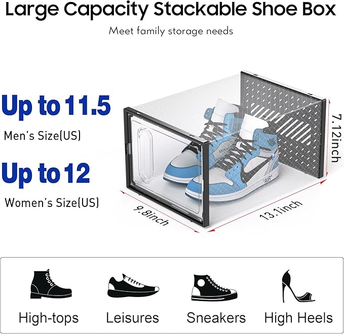 eWonLife X-Large Shoe Boxes with Magnetic Door, 12-Pack Stackable Shoes Storage Organizer for Closet, Clear Plastic Sneaker C