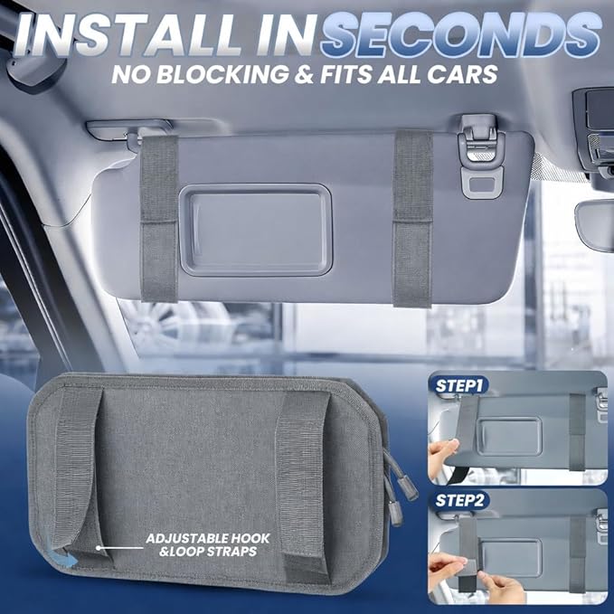 LEPHYON Molle Visor Organizer for Car, 1000D Polyester Heavy Duty Car Visor Organizer with Sunglasses Holder, Pockets, Adjustable Straps, Perfect Truck Accessories, Pickup Patrol Gear Storage (Grey)