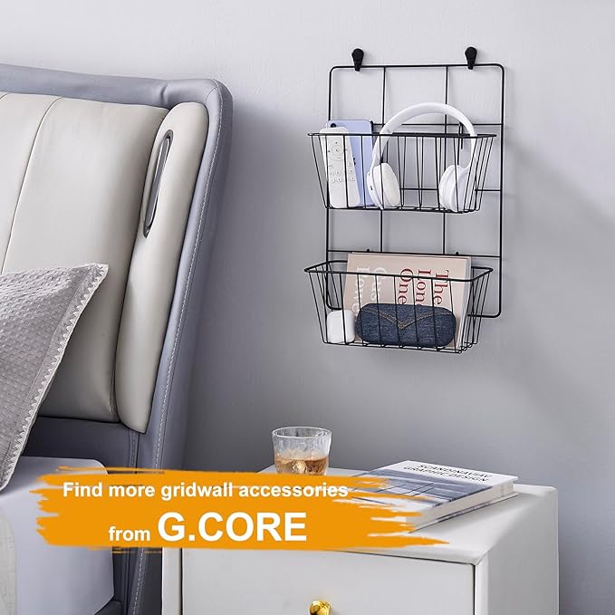 4 Pack Large Grid Wall Baskets with S-Hook - Gridwall Accessories Set Black Metal Hanging Shelf Basket Bins Organizer - Modul