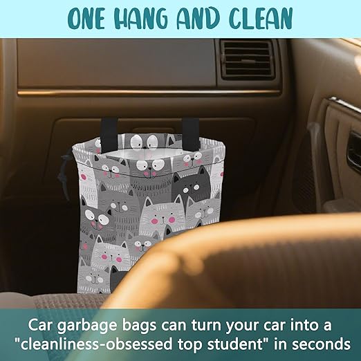 Car Garbage Bag Cute Grey Cats Drawstring Car Trash Bag Hanging for Back Seat with Adjustable Buckle Canvas Vehicle Trash Can Easy-to-Install