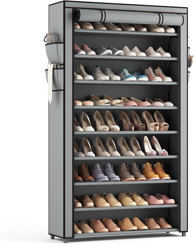 LANTEFUL Shoe Rack with Covers 10 Tier Tall Shoe Rack Organizer Large Capacity Shoe Shelf Storage 40 Pairs Space Saving Free 
