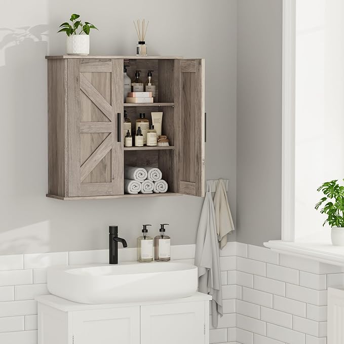Homleke Bathroom Wall Cabinet, Over Toilet Storage Cabinet with Barn Doors and Adjustable Shelves, 3-Tier Medicine Cabinet Wa