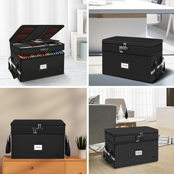 ETRONIK Large Fireproof Document Box with Lock, 2 Layer File Organizer, Portable Office Collapsible File Storage with Reflect