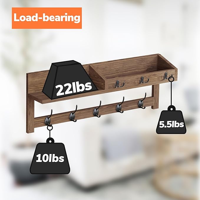 AMBIRD Wall Hooks with Shelf, 26.57 Inch Entryway Wood Coat Hooks for Wall with Shelf, Coat Rack Wall Mount with 5 Dual Hooks