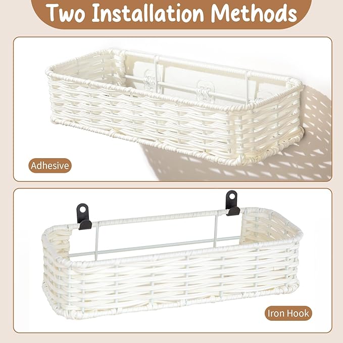 Hanging Wall Basket, Adhesive Wall-Mounted Organizer for Storage, Plastic Wicker Woven Storage Shelves for Kitchen, Bedroom, 