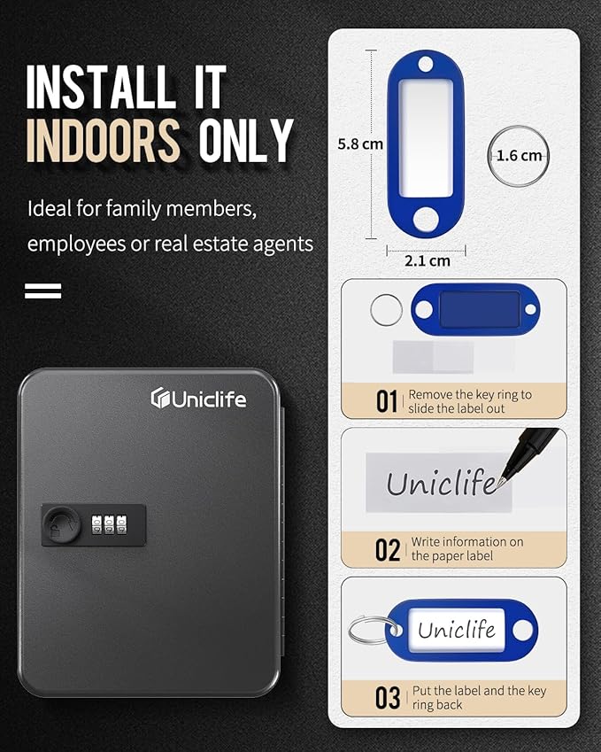 Uniclife 20 Position Key Cabinet with Combination Lock Resettable Black Digital Security Storage Box Steel Key Organizer with