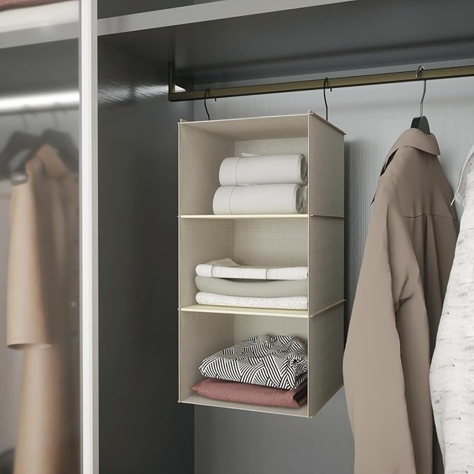 Hanging Closet Organizer, Easy Mount Foldable 3-Shelf Hanging Closet Wardrobe Storage Shelves, Clothes Handbag Shoes Accessor