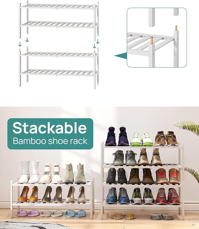viewcare White Shoe Rack for Entryway, 2 Tier Shoe Organizer for Hallway Closet, Bamboo Wood Shoe Racks for Indoor Outdoor (W