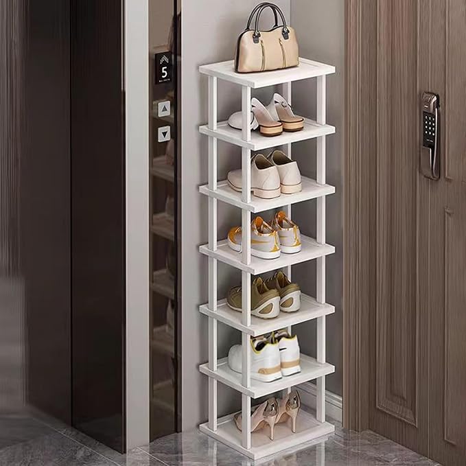 SAN HE 7-Tier Modern Bamboo Shoe Rack - Vertical, Slim, Space-Saving Shoe Organizer for Small Spaces, Closet, Entryway, Corne