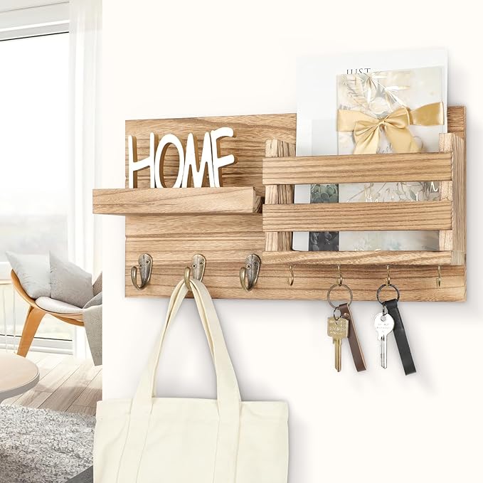Lwenki Mail Organizer for Wall Mount – Key Holder with Shelf Includes Letter Holder and Hooks for Coats, Dog Leashes – Rustic