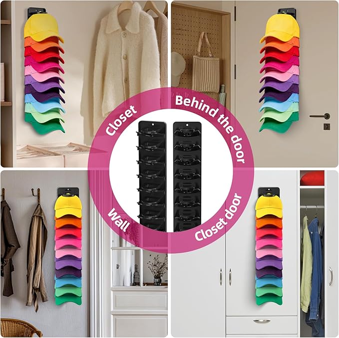 Spring Clip Hat Organizer for Baseball Caps – 2 Pack, Wall Hat Rack for Door & Closet – Keeps 20 Hats Tidy in Entryway, Dorm,