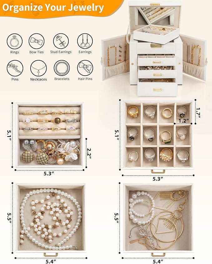 AKOZLIN 4-Tier Jewelry Box Leather Jewelry Storage Organizer with 3 Drawers Lockable for Women Girls Ring Necklace Earring Br