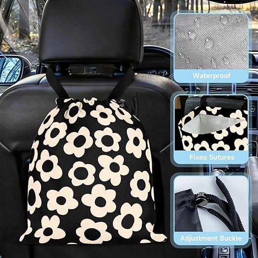 Black Flower Car Trash Bag - Waterproof Car Trash Bag Hanging Leakproof Car Garbage Bag - Washable Reusable Trash Bag for Car Interior Hanging Organizer Storage Vehicle Travelling Camping