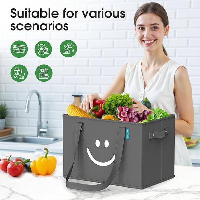 WISELIFE Reusable Grocery Bags 6 Pack - Collapsible Tote Shopping Bags with Sturdy Handles & Bottom to Stands Upright, Grey