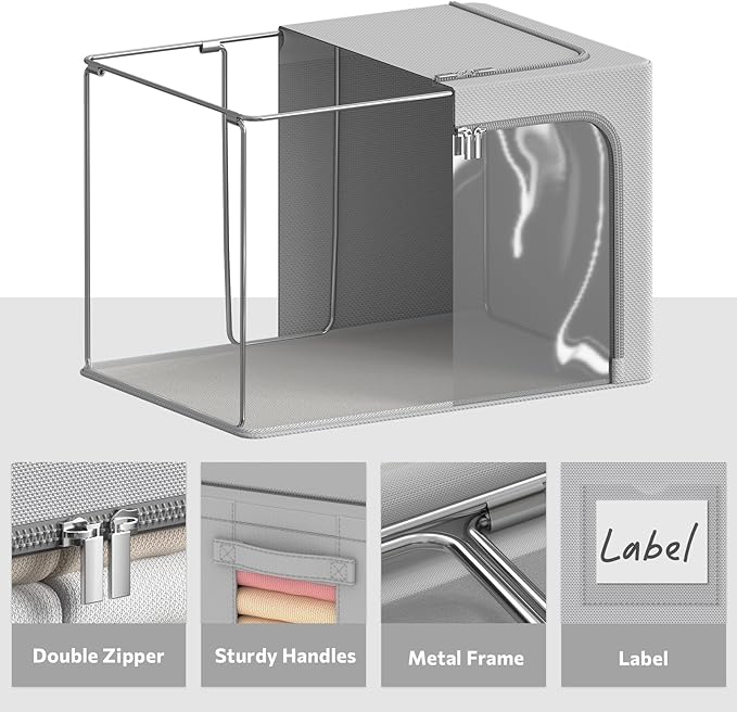 CYhom 4 Pack Clothes Storage Bins - Oxford Fabric Metal Frame Storage Box - Foldable Stackable Container Organizer Set with C