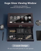 Kukikan Watch Box Jewelry Organizer, 12-Slot 2-Layer Watch Case Storage with Large Glass Lid, Watch Storage Case for Men with